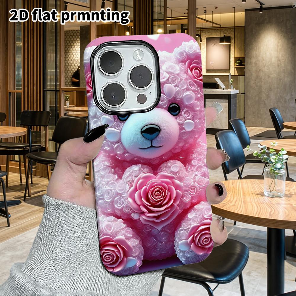Phone Case: 2D flat suitable for iPhone 18 17 16 15 14 13Pro film protective case, couple style, rose carved little bear, Christmas and Halloween gift