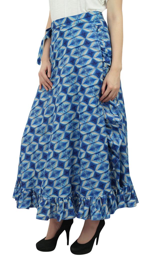 Phagun Shibori Printed Women's Blue Skirt Self Belt Cotton Ruffled Wrap