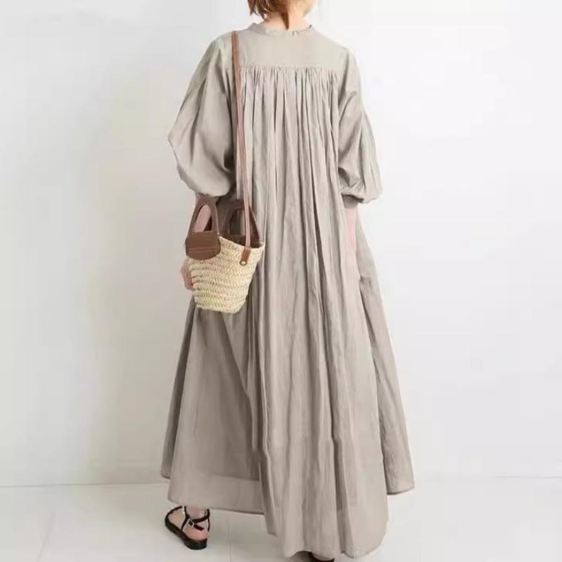 Summer Loose Plus Size Shirt Dress Base Shirt Clean Color Cotton Linen Retro Casual Stand Up Collar Big Swing Dresses