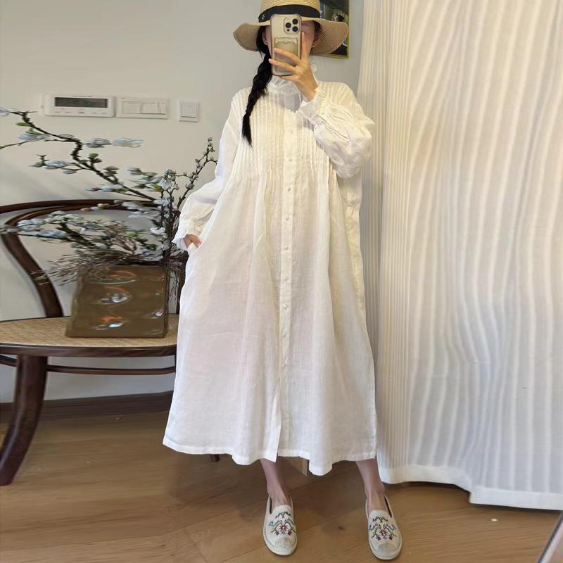 Johnature Весенние тонкие однотонные плиссированные женские платья повседневные винтажные оборки воротник свободные белые женские платья