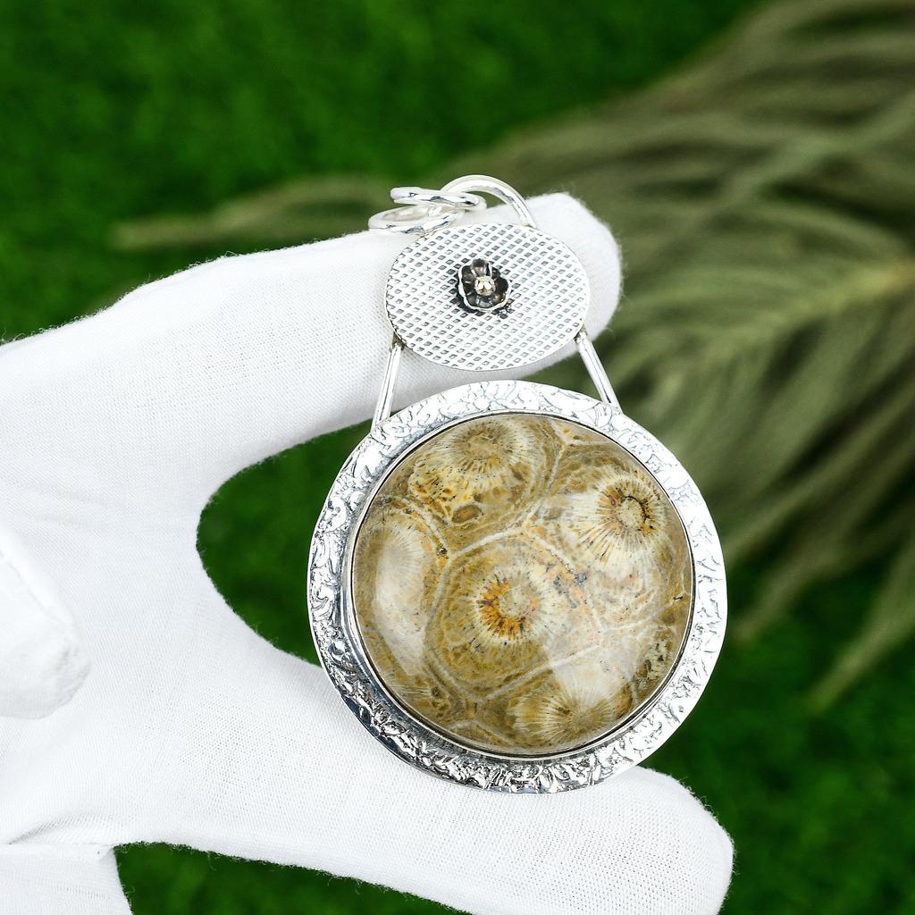 Сделка ко Дню матери Серебро стерлинговое Натуральный ископаемый коралл Жена Бохо Подвеска Ювелирные изделия