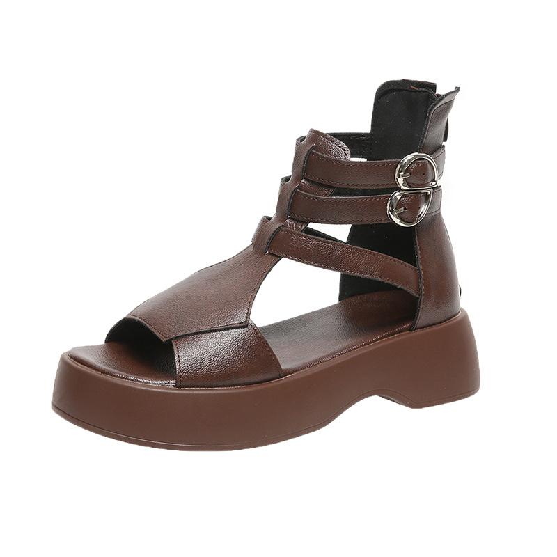 Летние модные римские сандалии для женщин на толстой подошве с пряжкой в виде рыбьего рта и ремешком, высокие классные ботинки, сандалии, сплошная полая обувь