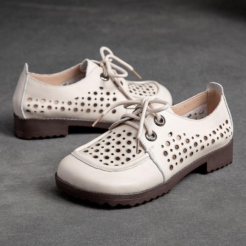 Johnature Туфли-лодочки на низком каблуке из натуральной кожи в стиле ретро, ​​дышащие сандалии с круглым носком, женская обувь