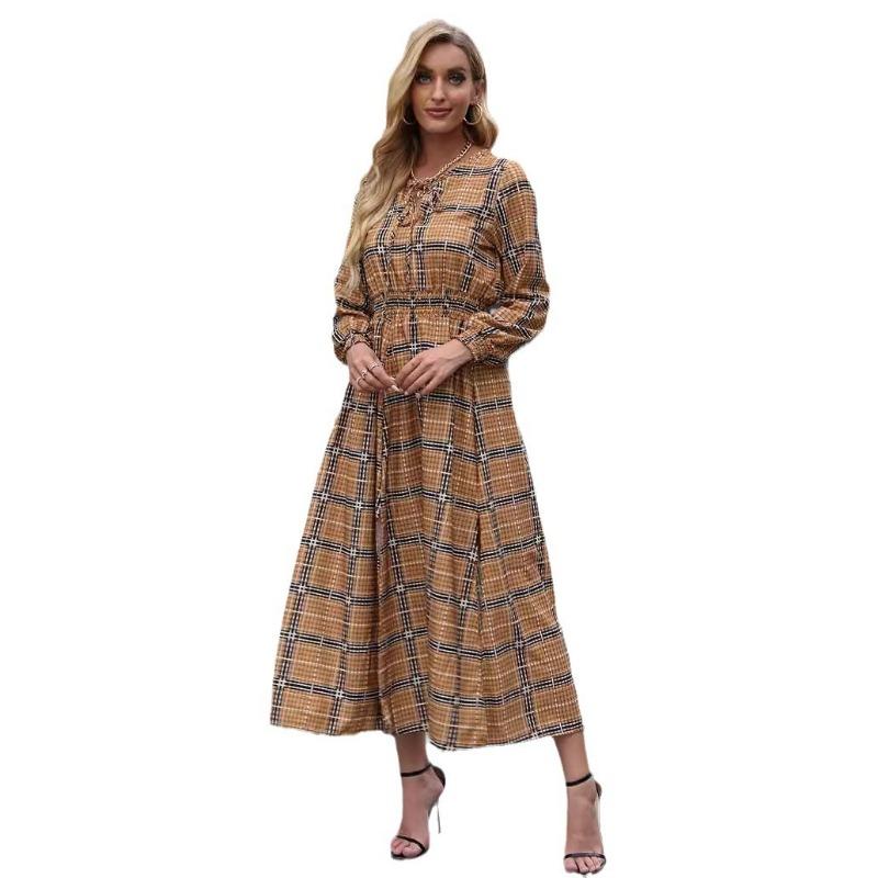 Осенне-зимнее женское клетчатое платье с разрезом на талии, средней длины, с длинными рукавами