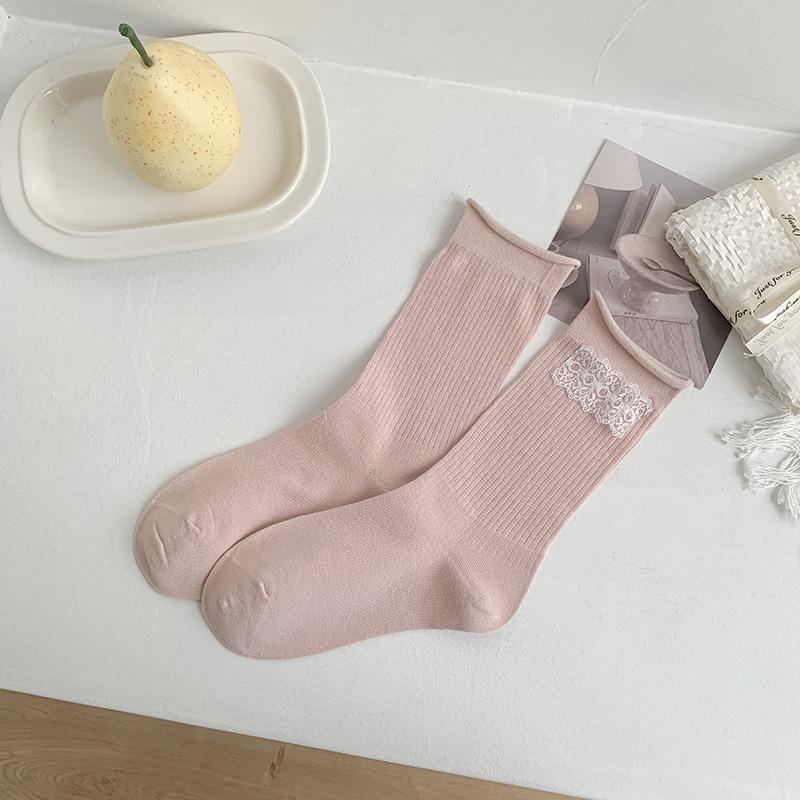 Женские весенне-летние тонкие литературные носки-гольфы с маленькими цветочками и милым бантиком, без косточек, с закрученным краем