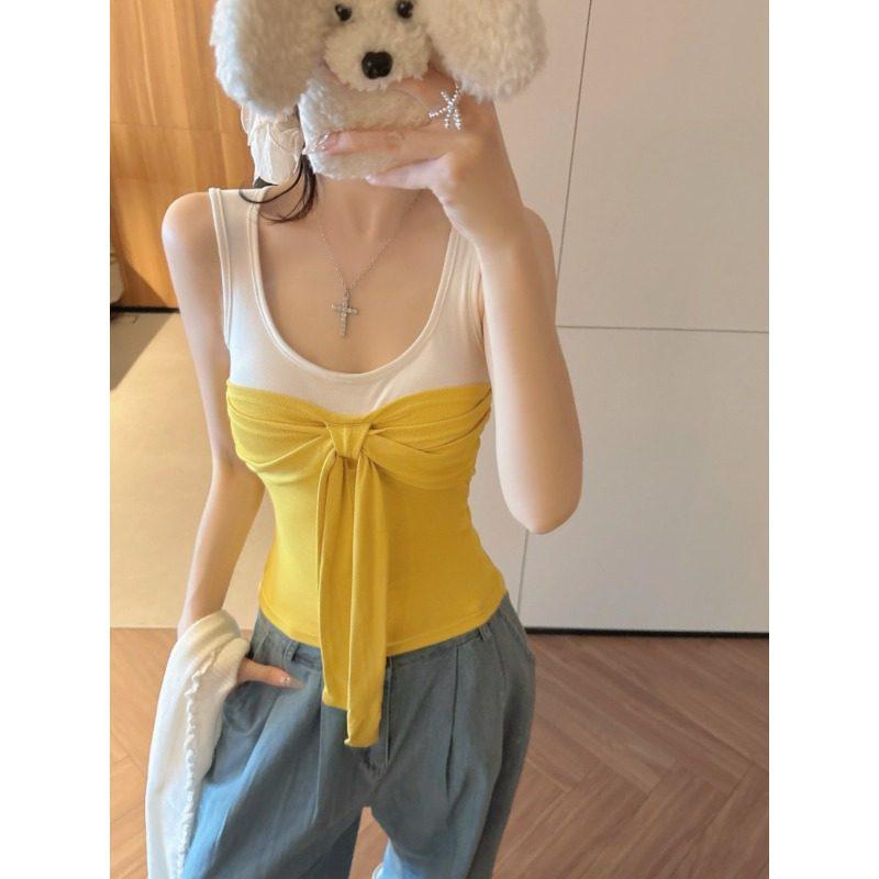 Women's Color-Block Camisole with Chest Pads, Bow Tie Design, for Spring and Summer.