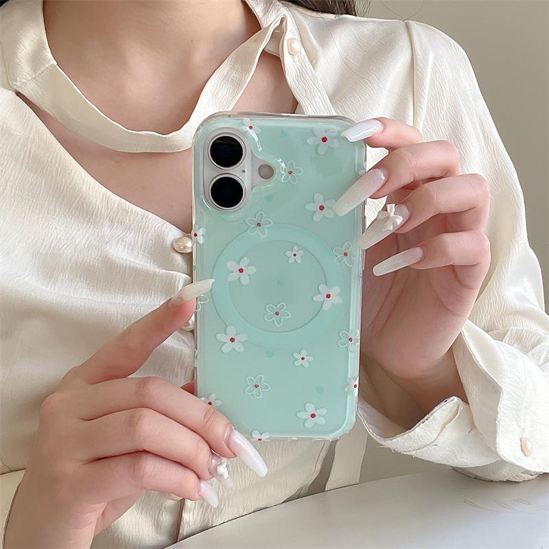 Mint Green & White Floral Magnetic Case for iPhone 17/16 Pro Max/15 Pro