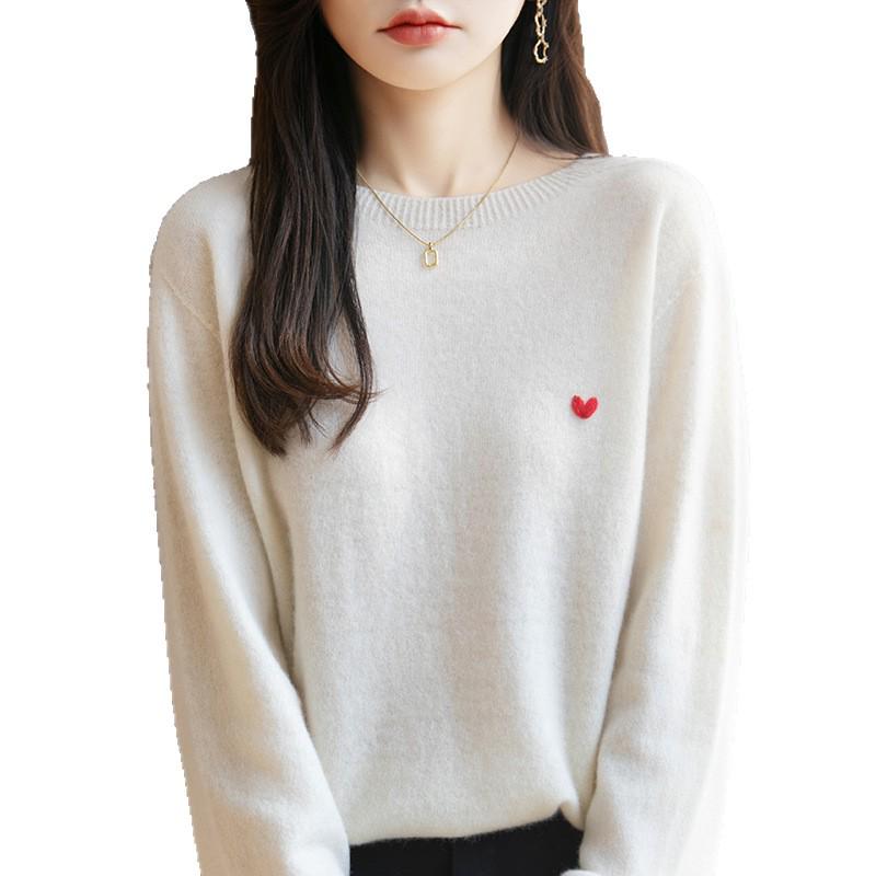 Heart Embroidered Pure Wool Round Neck Knitwear - Long Sleeve Loose Pullover