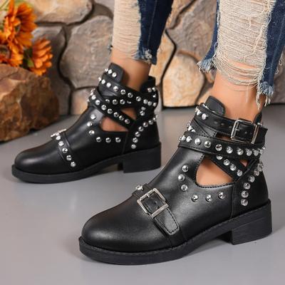 Модные женские ботильоны с заклепками T-Band Punk Gothic Shoes Металлическая пряжка Женские туфли на толстом каблуке Женские вечерние туфли
