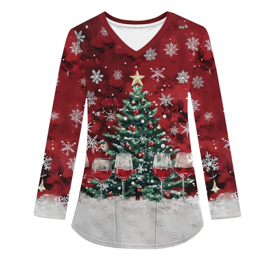 Женская модная рабочая одежда с V-образным вырезом, длинным рукавом и карманом, рождественский принт, футболка, топ