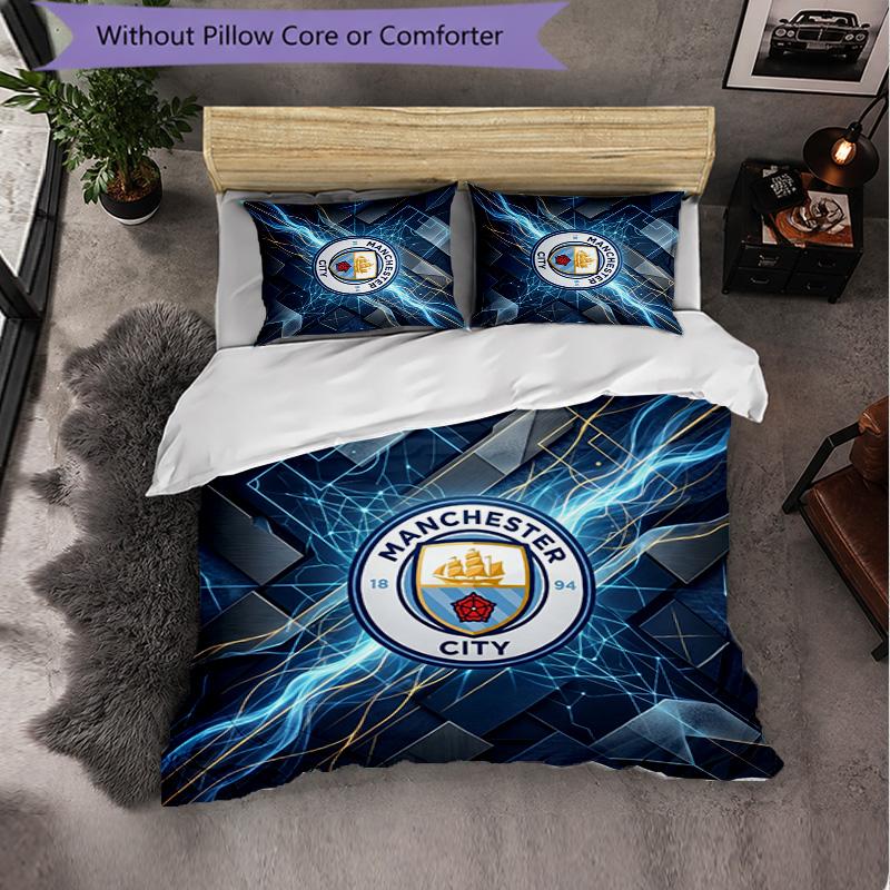 Manchester City Pattern 3 Pieces Bedding Set Soft Microfiber Duvet Cover with Pillow Cases for Bedroom