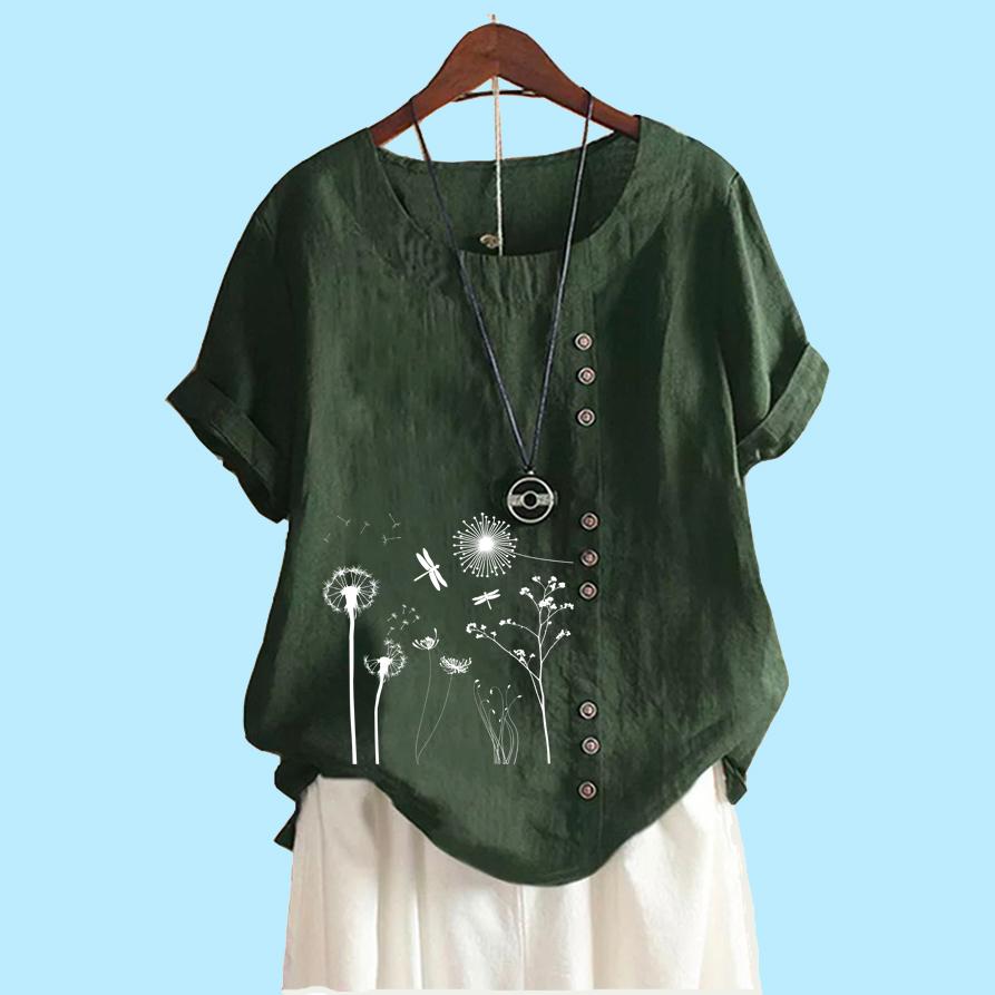 Women Fashion Short Sleeve Top Laides Cotton Linen Blouse Summer&fall Fashion Flower Print Loose T-shirt