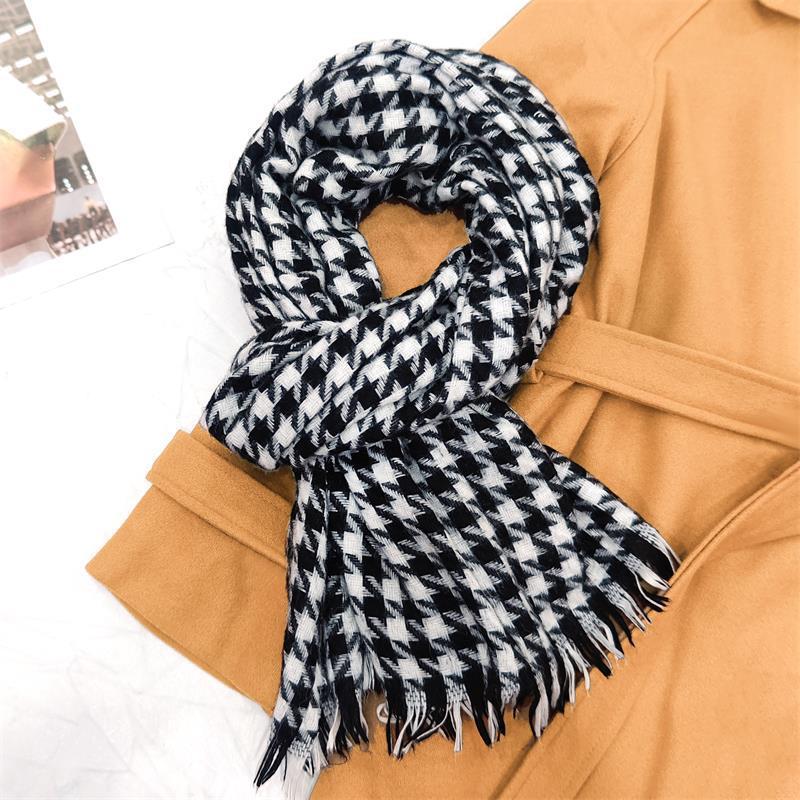 Winter Contrasting Color Thousand Bird Grid Scarf Couple Warm Plaid Scarf Fringed Scarf