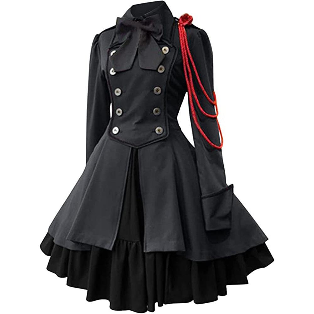 Plus Size 5XL Gothic Lolita Party Dresses Women Elegant Bow Collar Pleated Lace Up Ruffles Dress Medieval Retro Princess A Line