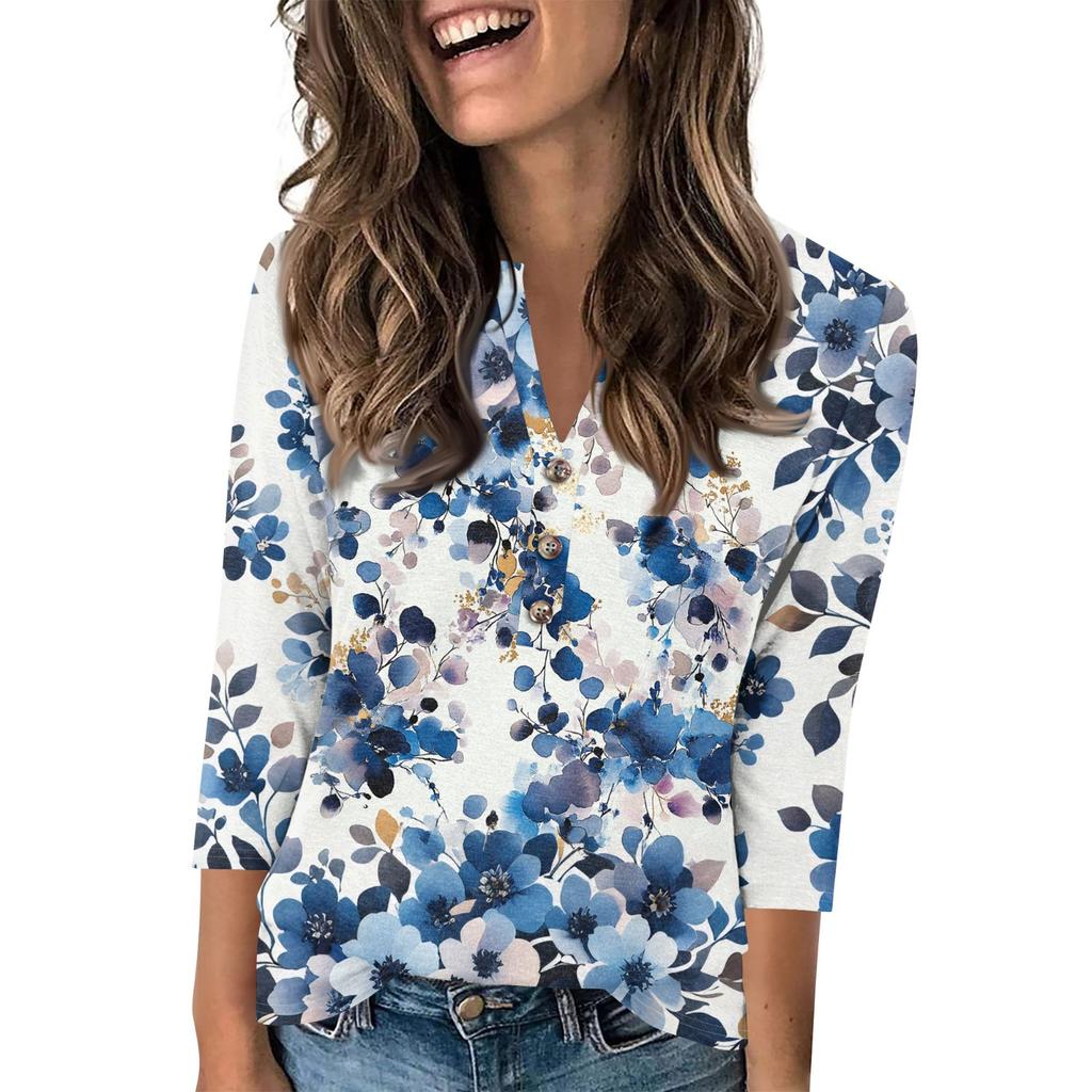 Женский модный повседневный пуловер с рукавом 3/4, принтом на пуговицах и V-образным вырезом