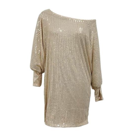 Women Evening Dress Shiny Sequin Slant Neck One Shoulder Three Quarter Sleeve Loose Above Knee Mini Dress Prom Party Dress