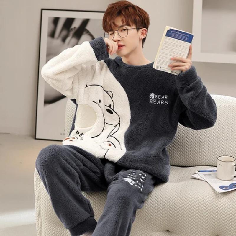 Autumn and Winter Flannel Pajamas Men's Thicken Coral Fleece Youth Student Warm Korean Pijamas Casual Loungewear
