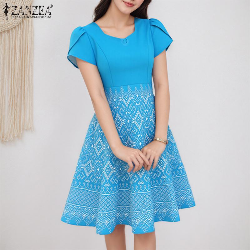 ZANZEA Women Casual Square Neck Summer Short Sleeve Print Dress