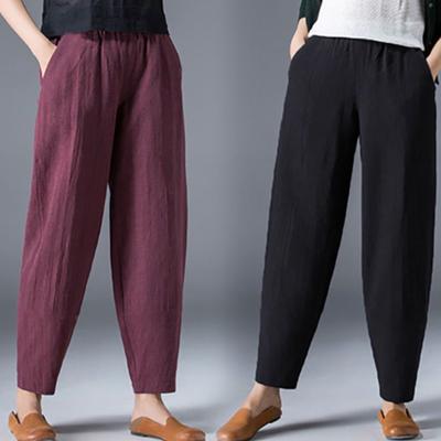 Широкие брюки из хлопка и льна, женские летние свободные белые шаровары, повседневные черные брюки-шаровары с девятью точками