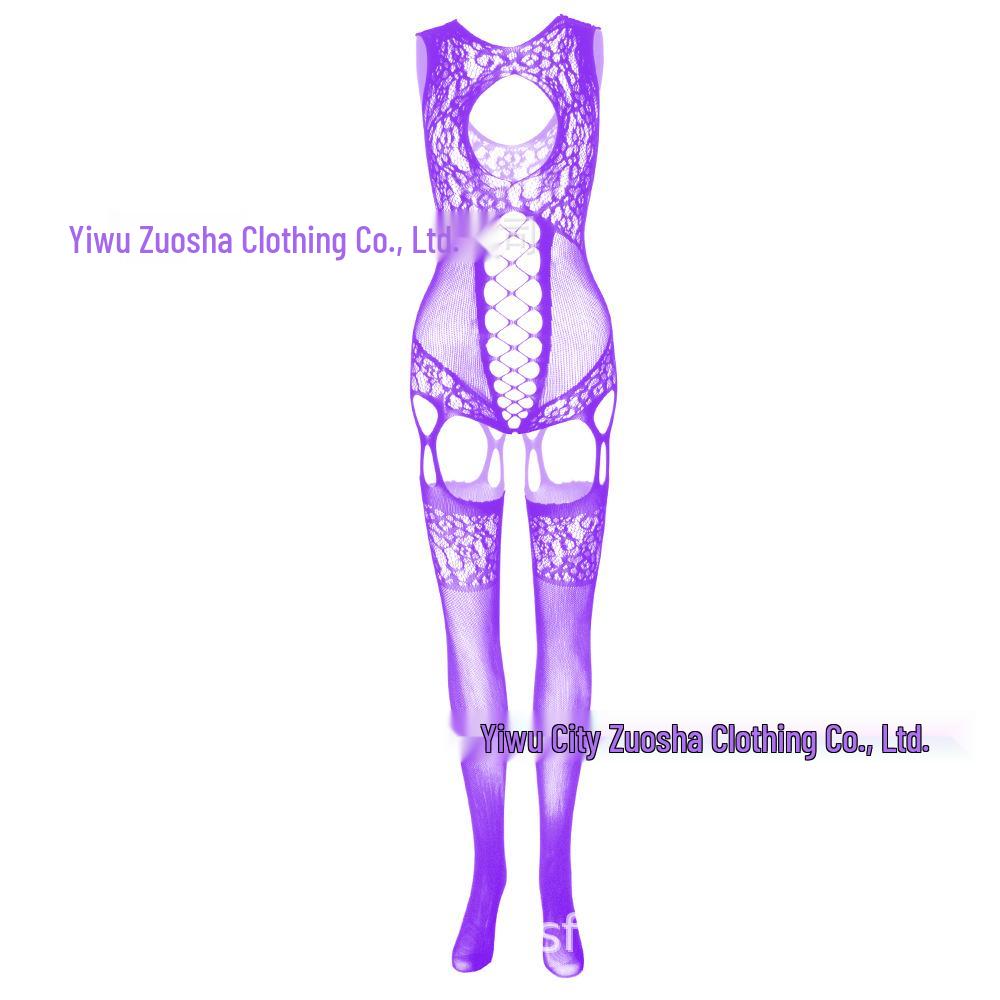 European & American Sexy Halterneck Cutout Jacquard Mesh Bodystocking Suspender Bodysuit