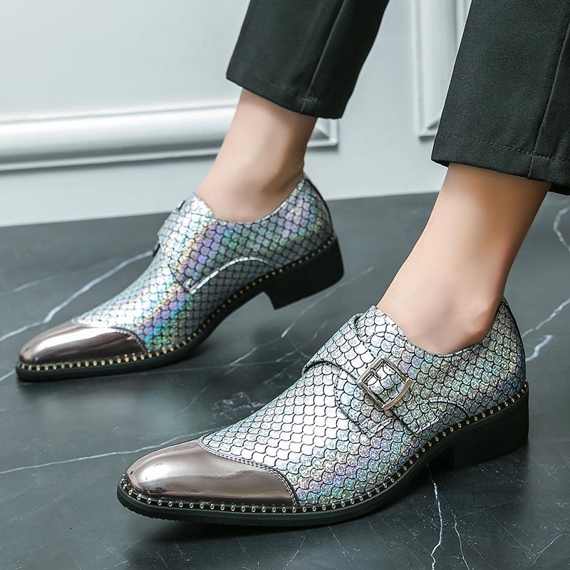 Модные мужские туфли из микрофибры с острым носком из рыбьей чешуи, вечерние, свадебные, прогулочные, танцевальные резиновые туфли для мужчин