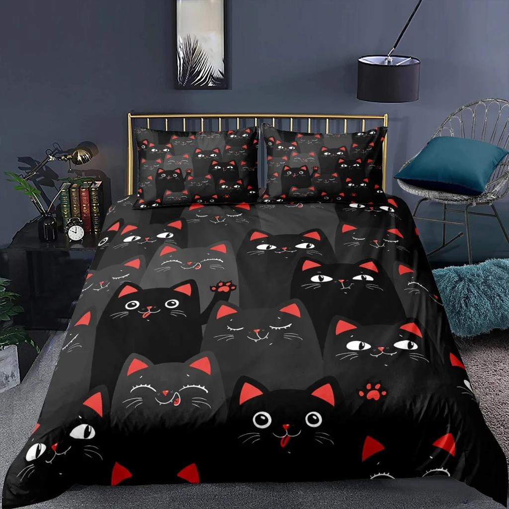 Cat Duvet Cover Polyester Pattern with Hipster Playful Feline Characters, Decorative 3 Piece Twin Bedding Set with 2 Pillow Sham