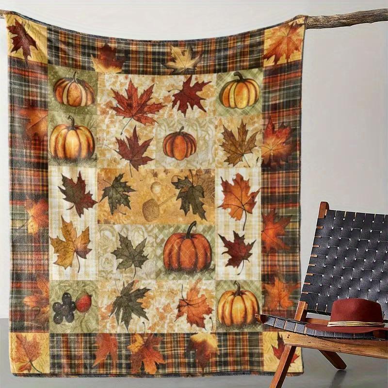 Flannel Autumn Quilted Blanket Colorful Fall Leaves Pumpkins Pattern Cozy Warm Throw For Home Decor Living Room Sofa Bed Use