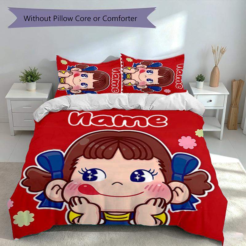 3pcs Custom Name Peko Bedding Set,Includes 1 Duvet Cover and 2 Pillowcases,All-season Bedroom Decor