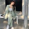 HOUZHOU Базовые костюмы женские винтажные элегантные офисные деловые корейские свободные зеленые брюки с высокой талией и широкими штанинами