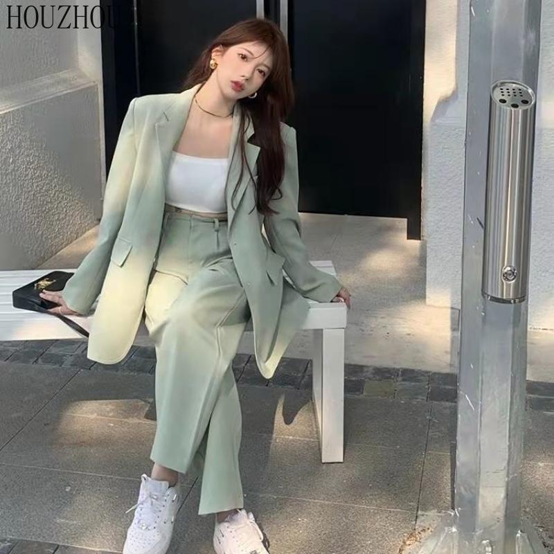 HOUZHOU Базовые костюмы женские винтажные элегантные офисные деловые корейские свободные зеленые брюки с высокой талией и широкими штанинами