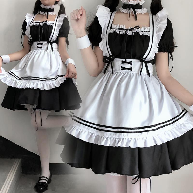 Black Cute Lolita Maid Costumes Girls Women Lovely Maid Cosplay Costume Dress