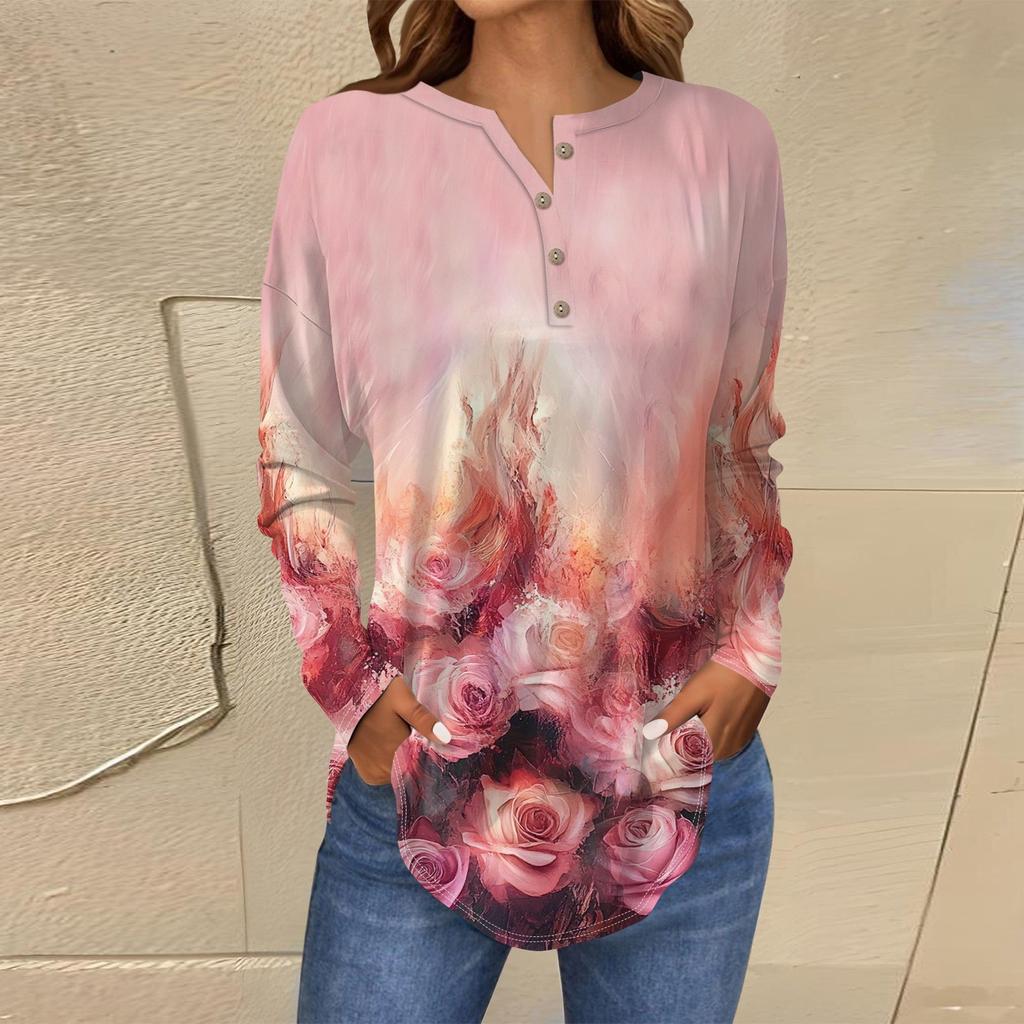 Футболки для женщин, осенние повседневные рубашки с длинным рукавом на пуговицах, толстовка с винтажным принтом, топ, пуловер