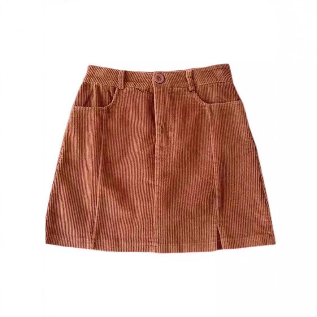 2024 Autumn Retro High Waist Corduroy Midi Skirt - Slimming A-line with Slit, Perfect for Commuting and Flaunting Long Legs