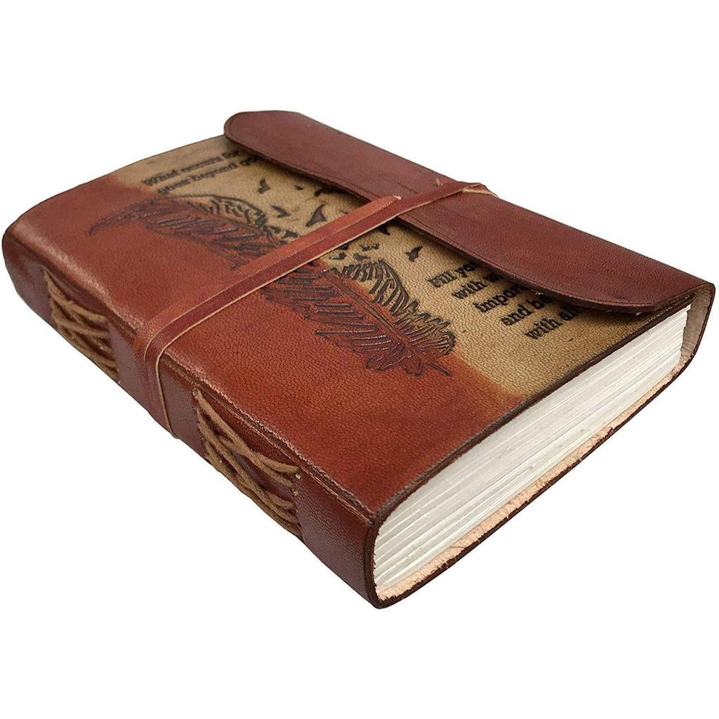 Кожаный журнал с перьями, дневник для путешествий, дневник или винтажная книга для эскизов, хлопковая бумага для мужчин и женщин (7x5 дюймов), коричневый