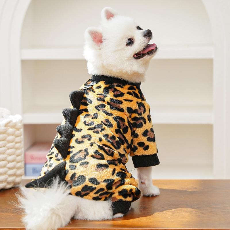 Cat Clothes Warm Leopard Print Dinosaur Four-Legged Dog Clothes Autumn Winter Velvet Clothes Bear Pet Products