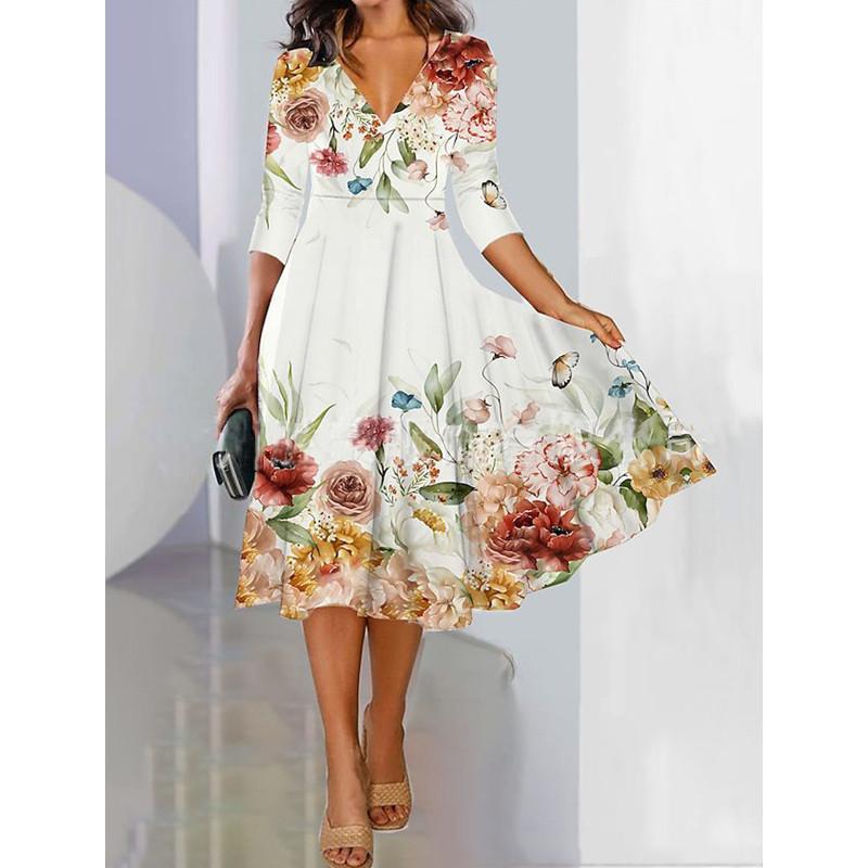 Women Spring Summer Flower Pattern Print V-Neck High Waist Casual Dresses