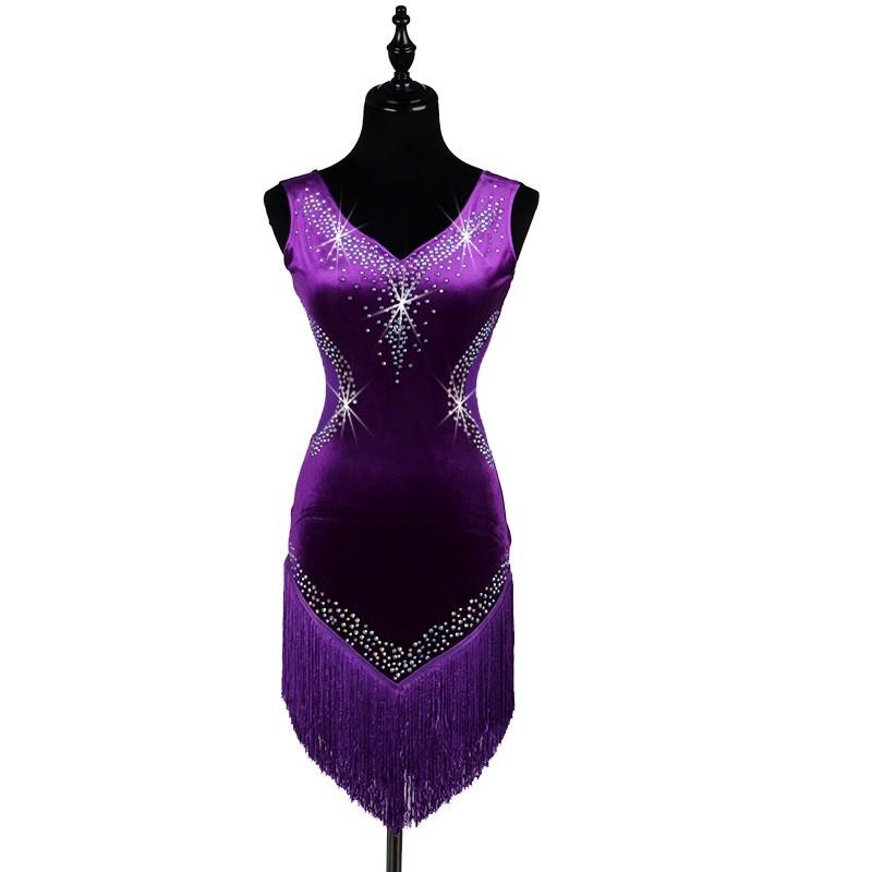 Latin Dance Dress With Sheer Waist Panel Fringe Detail Rhinestone Embellished Performance Costume Women