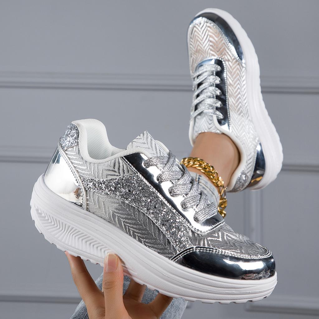 Women Casual Shoes Silver Stripes Glitter Platform Sneakers Female Spring Autumn Non Slip Thick Soled Walking Shoes