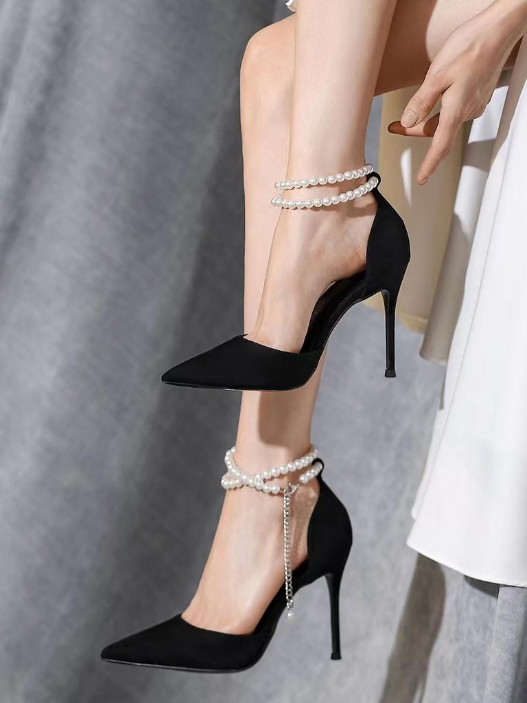 2024 Лето Новые Туфли Подружки Невесты С Перл Бантом Черные Тонкие Туфли На Высоком Каблуке Элегантные Туфли Женские Остроконечные Туфли Женские Туфли
