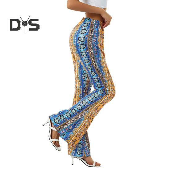 Женские брюки в этническом стиле с цветочным принтом, длинные расклешенные брюки в стиле ретро, ​​высокоэластичные сексуальные повседневные брюки, уличная одежда