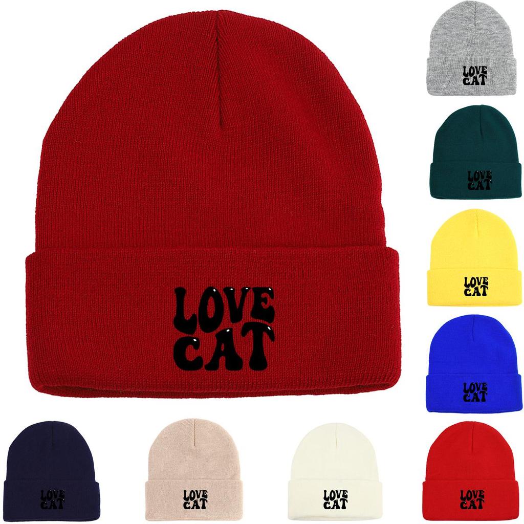 LOVE CAT" Print Knit Cap Beanie, Animal Man Cap Windproof Candy Color Trendy Pompom Beanies Knitted Hat Beanie
