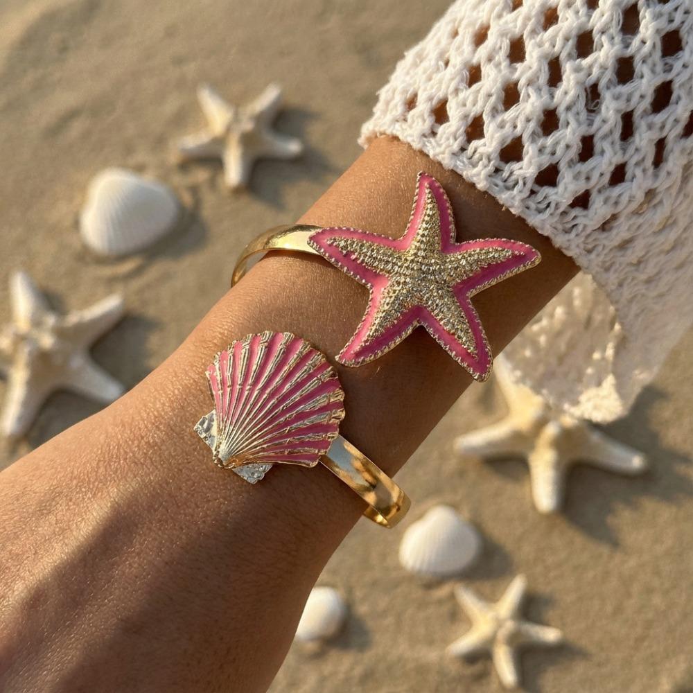 Creative Pearl Shell Starfish Cuff Enamel Ocean Vibe Metal Bracelet Gold Color Irregular Open Bangle Women