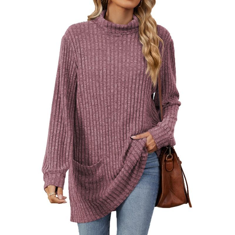 Autumn and Winter Women's Blouse Solid Colour Half-high Neck Long Sleeve Loose Pocket Tops