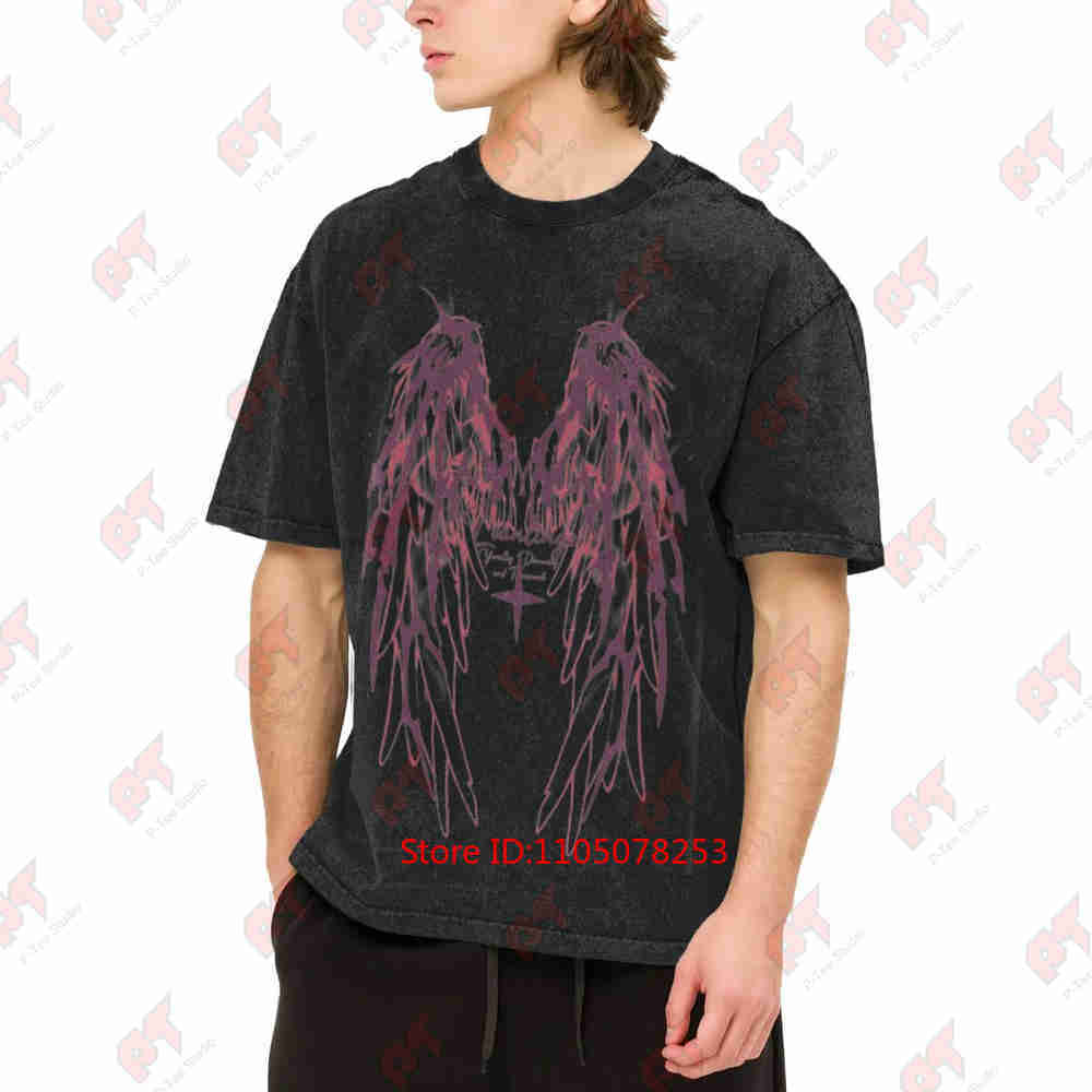 Gothic Bat Wing Pink Retro Lettering Vintage Washed Tee Pure Cotton T-Shirt