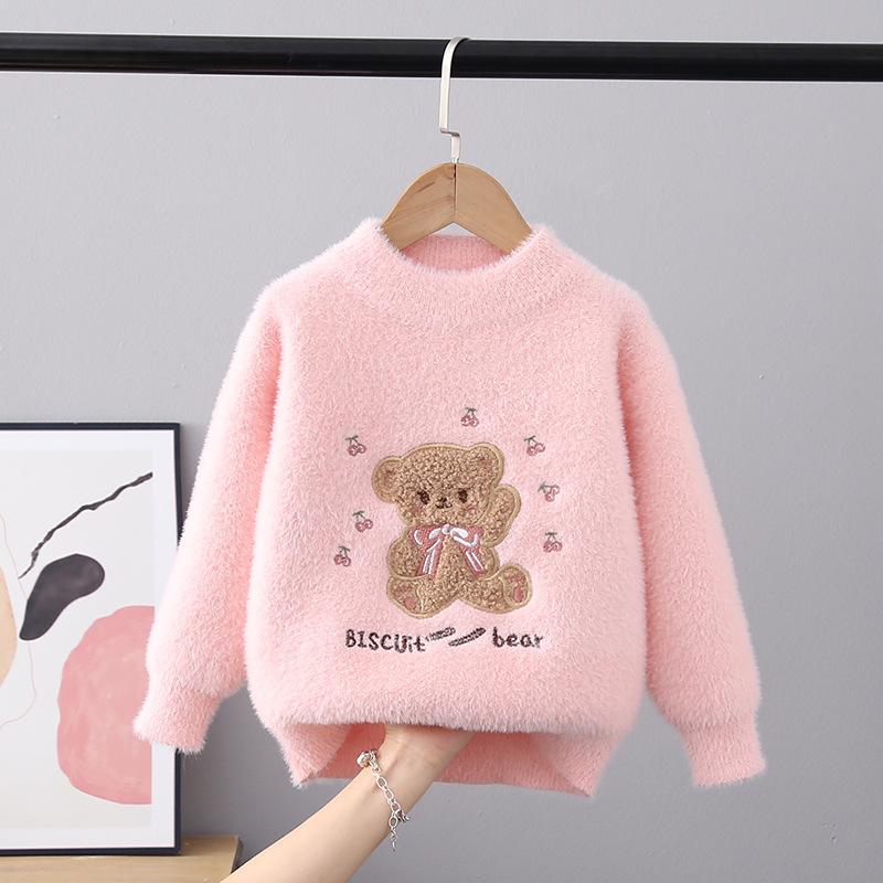 Child Sweater Autumn Winter Pullover Tops Girls Round Neck Sweaters Velvet Cartoon Long Sleeve Knitted Shirt