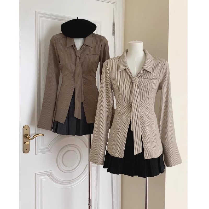 Striped Shirt Spring Autumn Lazy Style Women's Top Long Sleeved French Pink Solid Color Cardigan Slim Fit Blouse