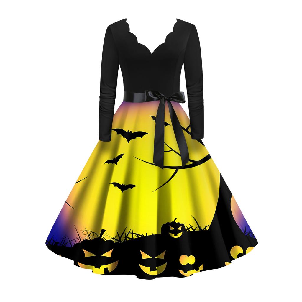Женское винтажное классическое платье с вырезом на талии и галстуком-бабочкой с длинными рукавами на Хэллоуин с принтом и V-образным вырезом, свободное платье