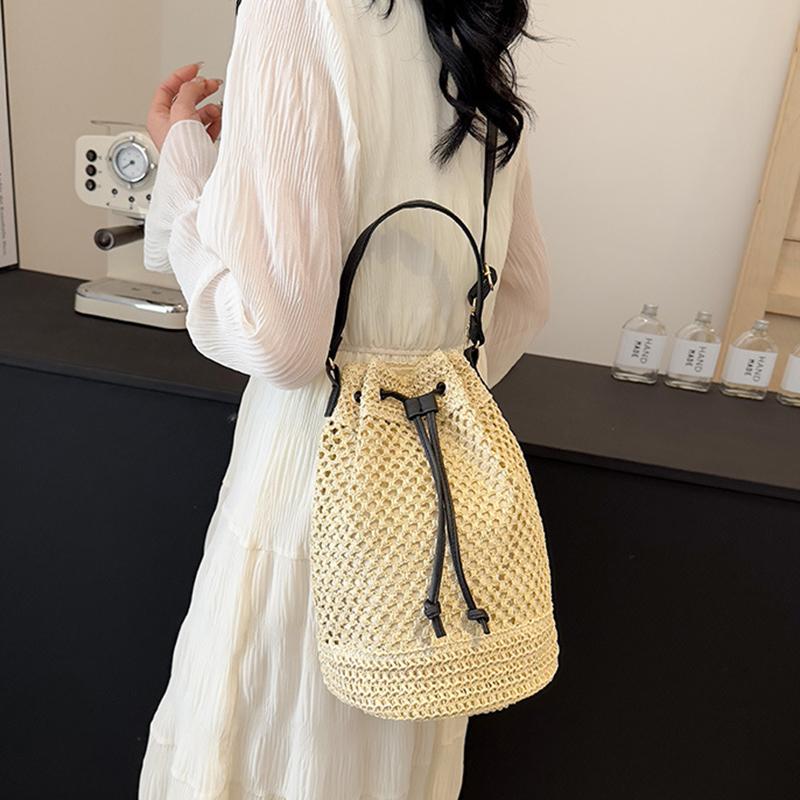 Летние соломенные сумки через плечо, женская сумка-ведро с завязками, плетеные вручную сумки из рафии, повседневная женская пляжная сумка через плечо