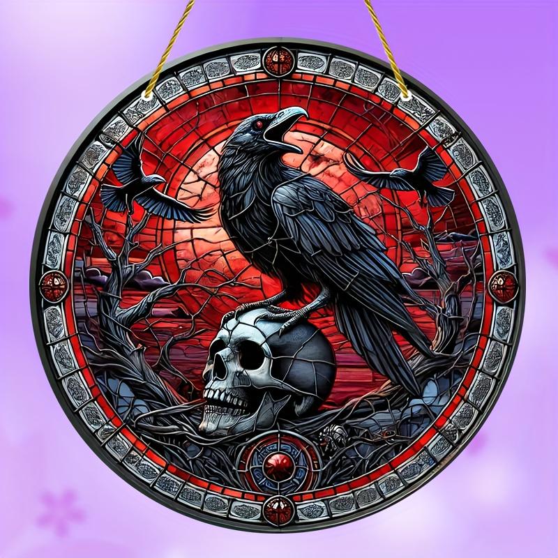 Crow Suncatcher 8"x8" - красочное искусство черепа для окон и стен, идеально подходит для любого сезона, декор крыльца и сада, идеальный подарок, украшения на Хэллоуин