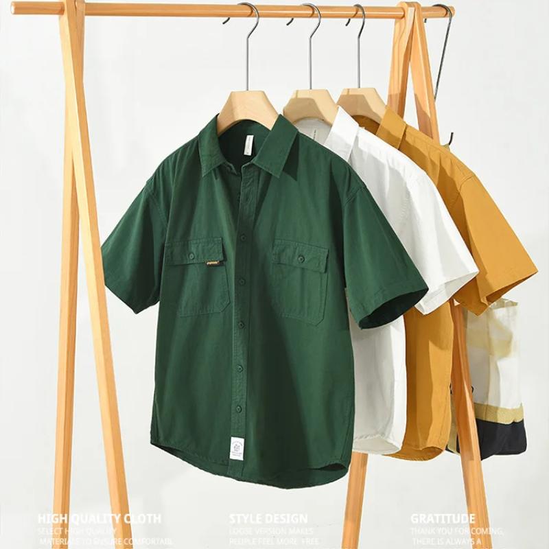 Рубашки-карго в японском стиле для мужчин, летняя рубашка с коротким рукавом, 100% чистый хлопок, повседневные свободные мужские топы, новая модная рубашка с двумя карманами для молодежи